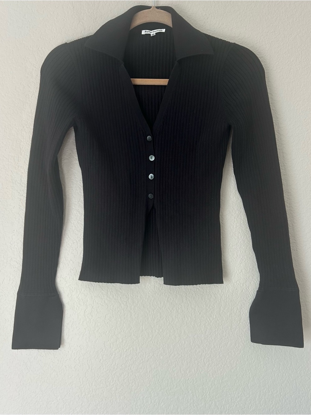 Reformation Valentina Ribbed Open Cardigan In Black - Picture 2 of 5